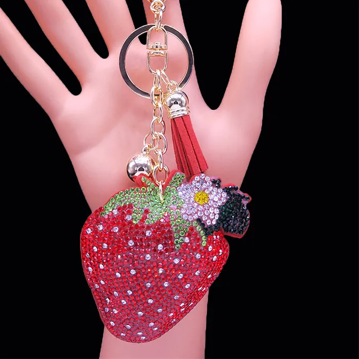 Authentic Strawberry Fruits Crystal Keychain Gold Color Tassel Flower Keyring Holder Jewelry porte clé K7303S01