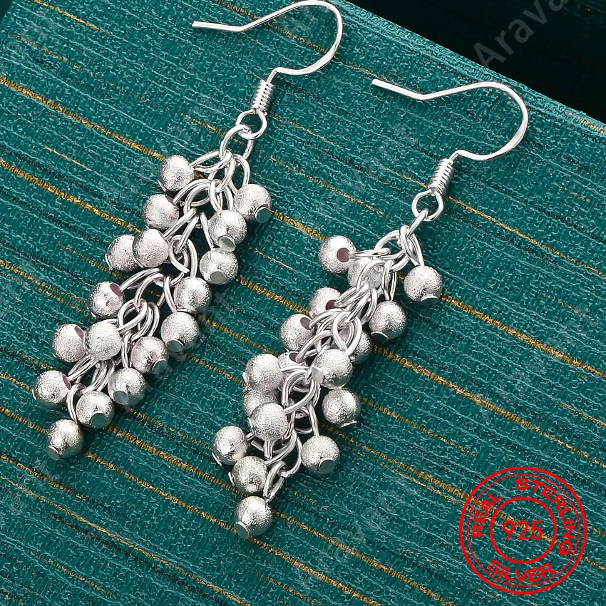 Authentic 925 Sterling Silver Frosted Bead Grape Bead Earrings - A Fresh And Elegant Design For Women'S Engagement Jewelry