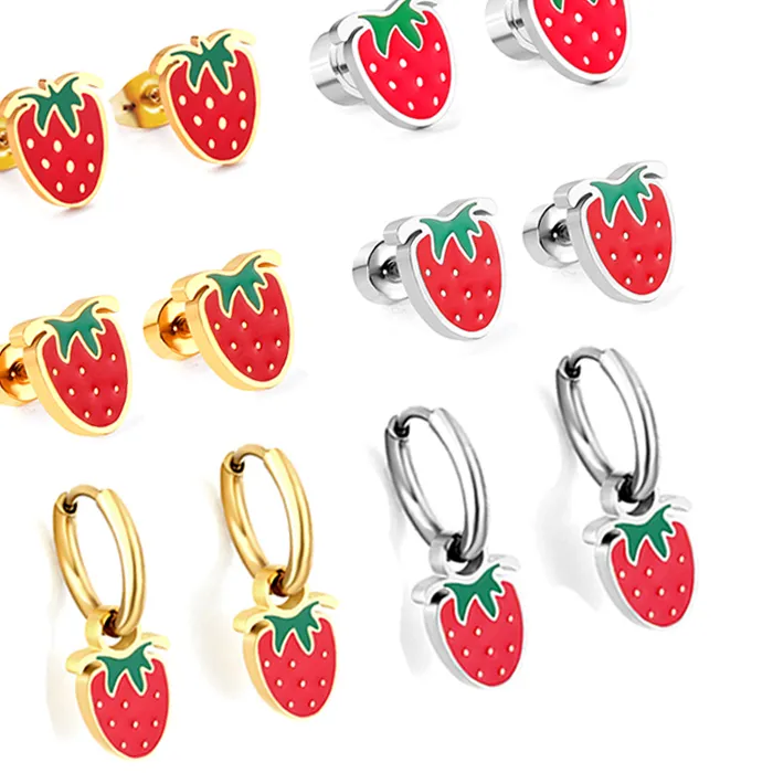 Authentic LUXUSTEEL Cute Strawberry Stud Earrings for Women Girls Tiny Fruit Brinco Korean Ear Clips BFF Jewelry Kids