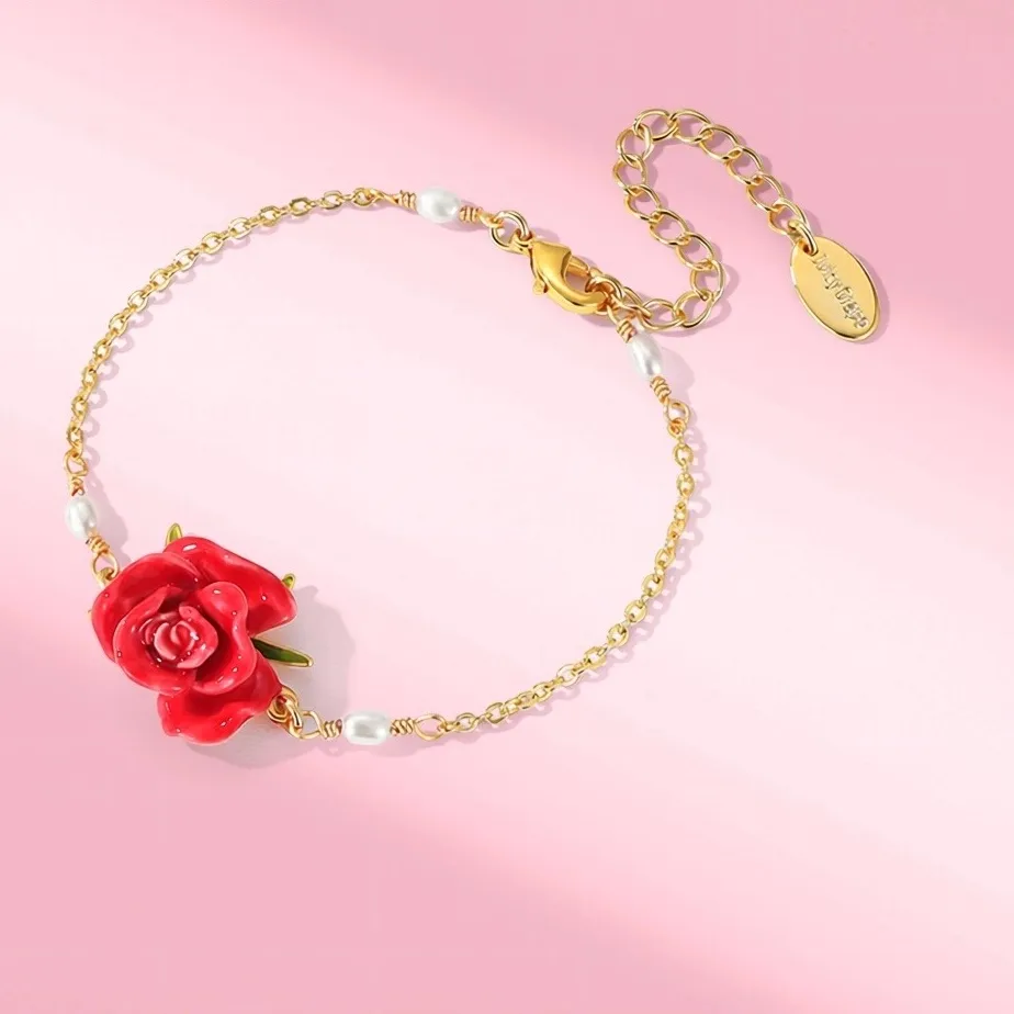 Authentic Red Rose Bracelet Women's Adjustable Bracelet Exquisite Jewelry Engagement Accessory Enamel Craftsmanship Bracelet for Girl