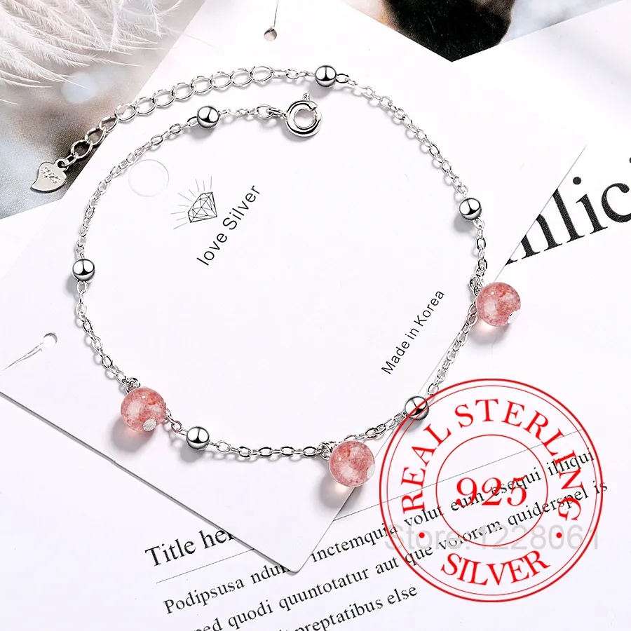 Authentic 925 Silver Ankle Bracelet for Women, Pink Strawberry Crystal, Korean Minimalist Style, Wedding & Party Jewelry,