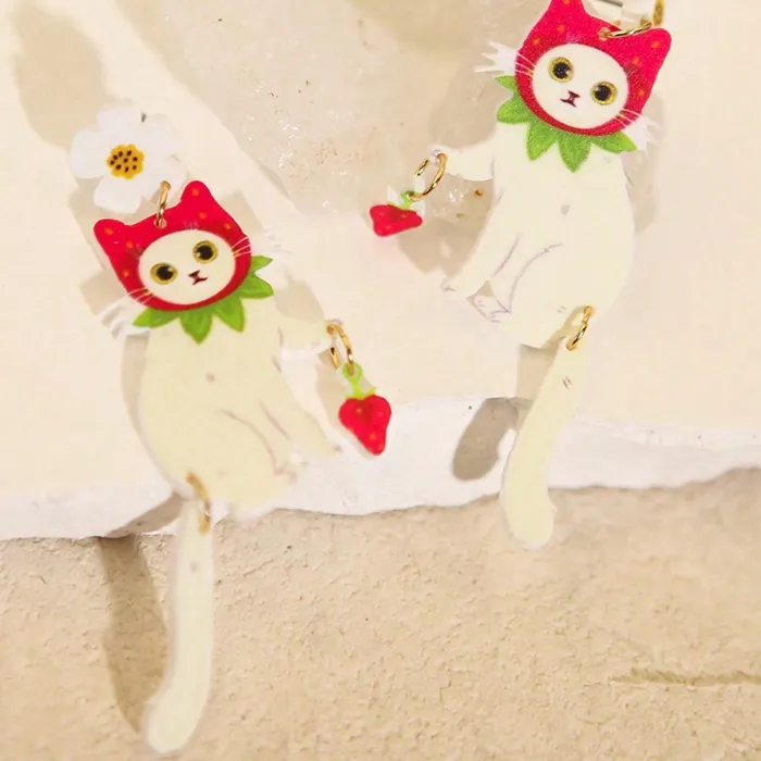 Authentic Feline Nectar Talismans - Whimsical Strawberry Kitty Prosperity Earrings