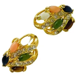 Authentic Vintage gold plated coral onyx tiger eye jade opal clip on earrings