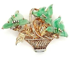 Authentic Jade & Gold Plated Silver Basket & Bouquet Style Brooch Vintage Jewellery