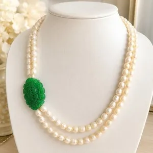 Authentic Vtg Genuine Pearl Necklace Carved Green Jade Stone Pendant 14K White Gold Plated