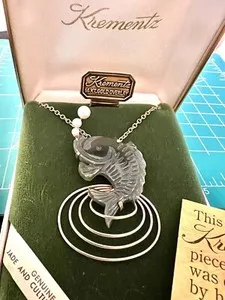 Authentic Vintage Krementz Gold Plated Carved Jade Pearl Pin Brooch Necklace W Box Leaflet