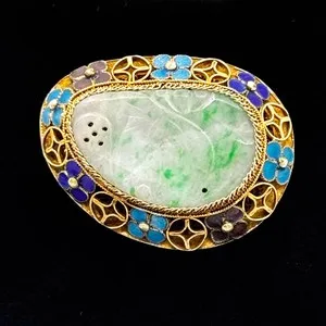 Authentic Vtg. Chinese Gold-Plated Silver Filigree Brooch w Jadeite Jade & Enamel (YiA)9
