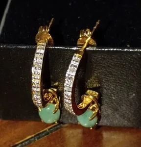 Authentic 925 Sterling Silver Gold Plated Half Dangle Earrings Diamond Oval Jade Stone