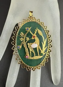 Authentic Vintage Chinese Opal Gemstones Gold-Plated Deer Jade Panel Blessing Oval Pendant