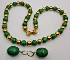 Authentic Trifari Crown of Jade: Gold-Plated Beaded Amulet & Twin Earrings