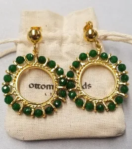 Authentic Ottoman Hands 21K Gold Plated Jade Beaded Drop Earrings 2"