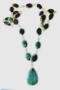 Authentic Vtg Spinach Jade Nephrite Statement Gold Plated Long Runway Necklace Lot 24"