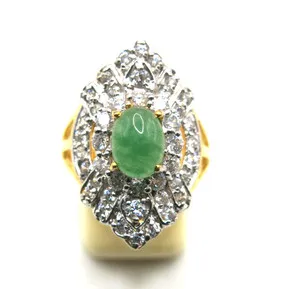 Authentic VTG Natural Jadeite Jade Ring CZ Diamonds 18K Gold Plated Size 8 22.5Ct