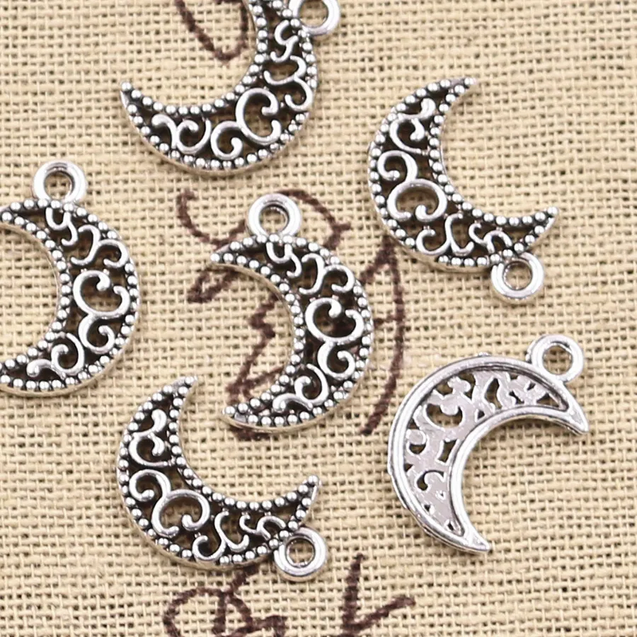 Authentic 30pcs Charms Lovely Hollow Moon 18x12mm Antique Bronze Silver Color Plated Pendants Making DIY Handmade Tibetan Finding Jewelry