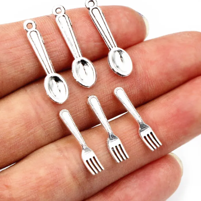 Authentic 50Pcs Spoon Fork Dining Charms Small Antique Silver Plated Tableware Pendants Charms Diy Jewelry Making Accessories Findings