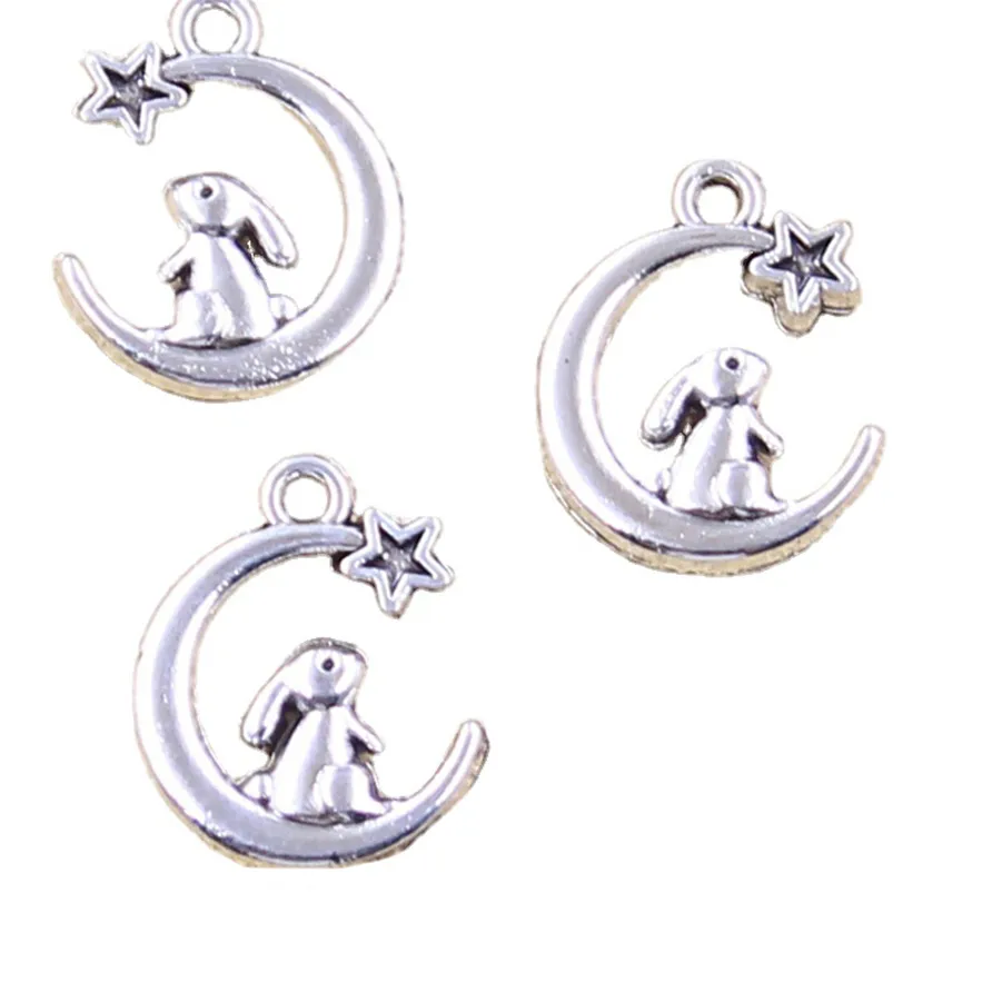 Authentic 15pcs Charms Rabbit Moon Star 17x14mm Antique Silver Color Pendants Making DIY Handmade Tibetan Finding Jewelry