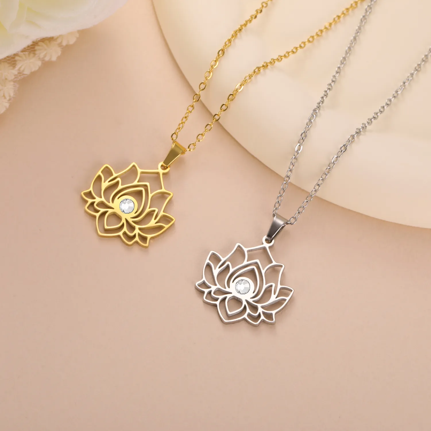 Authentic Skyrim Lotus Flower Necklace Women Clear Zircon Pendant Neck Chain Yoga Chakra Buddhism Jewelry Christmas Gifts