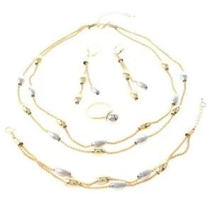 Authentic Two Tone Gold Plated Metal Multi Layered Necklace Bracelet Earring Set MNS630...