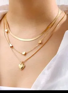 Authentic Women's Gold Plated Heart Pendant Multi- Layered Necklace 3pc Detachable