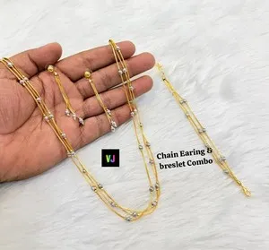 Authentic Indian Traditional Multi Layered Gold Plated Chain Earrings Bracelet For Womens