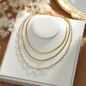 Authentic Triple Layered Multi Chain Style Gold-plated Choker Snake Chain Necklace