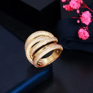 Authentic Multi Layered Twist Lines Luxury Yellow Gold Plated CZ Fiancee Engagement Ring