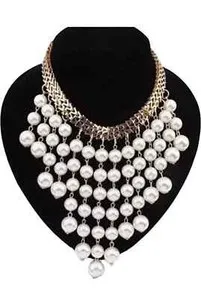 Authentic Trendy Gold Plated Pearl Multi Layered Tassel Beads Collar Choker Necklace