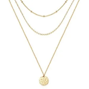 Authentic 14K Gold Plated Hammered Coin Layered Necklace Set Multi Strand Ball Chain Choke