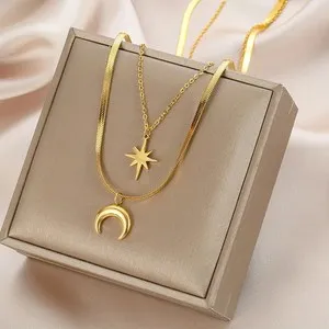 Authentic Women's Multi Layered Moon & Star Design Gold Plated Pendant Necklace Jewelry