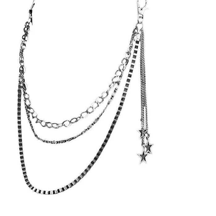 Authentic For Punk Streetwear Concert Party Outfits Silver Multi Layer Jean Chain With Cross Pendants Durable Metal Finish Fit