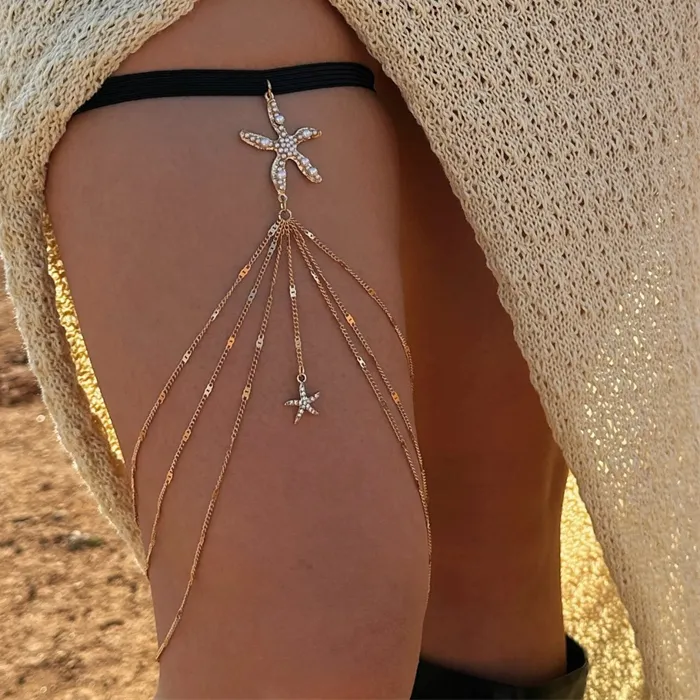 Authentic Boho Elastic Band Starfish Pearl Leg Thigh Chain for Women Summer Beach Sexy Tassel Multilayer Adjustable Body Jewelry Accessory