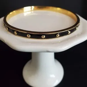 Authentic Kate Spade Black and Gold Plated Bangle Bracelet with Studs Rivets Signed