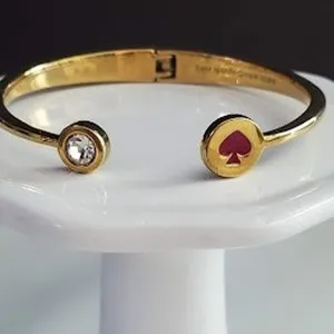 Authentic Kate Spade Spot the Spade Open Cuff Gold Plated Deep Pink Enamel Clear Crystal