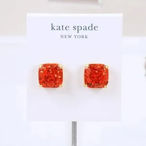 Authentic NWT Kate Spade Garnet Red Glitter Square studs earring Gold Plated