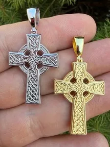 Authentic Men's Plain Celtic Cross Pendant Solid 925 Sterling Silver / 14k Gold Plated