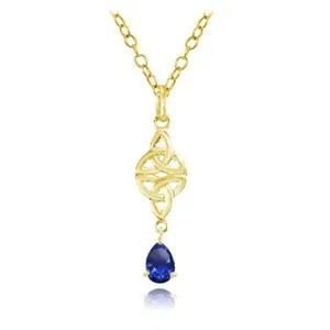 Authentic Celtic Trinity Knot Teardrop Created Sapphire Necklace in Gold Plated 925 Silver
