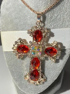 Authentic BETSEY JOHNSON GOLD PLATED ORANGISH RED CRYSTAL CELTIC CROSS PENDANT