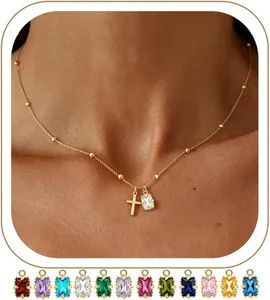 Authentic Dainty 14K Gold Plated Cross Birthstone Necklace for Women - Small Gold Cross Ne