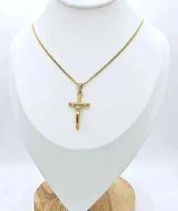 Authentic Gold Small Crucifix Necklace, 14k Gold Plated, No Fade, 1.5 mm Curb Chain