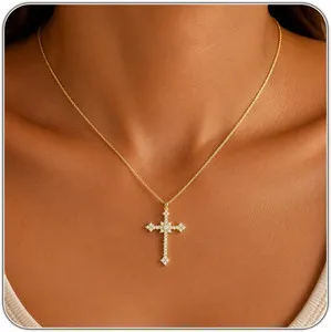 Authentic Cross Necklace for Women 14K Gold Plated Dainty Small Cross Pendant Choker | Non