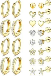Authentic 14k Gold Plated Surgical Flat Back Stud Earrings Set Small Huggie Hoop Ne
