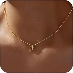 Authentic Cross Necklace for Women Small Pendant Jewelry Solid 14K Yellow Gold Plated