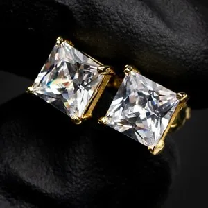 Authentic Small Yellow Gold Plated 925 Sterling Silver Princess Cut Stud Earrings