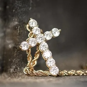 Authentic Small Yellow Gold Plated Iced Cz Micro Cross Pendant And Rope Chain Necklace