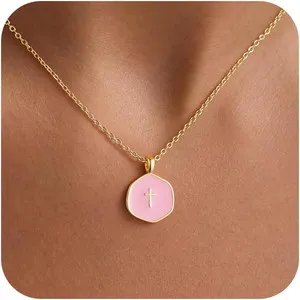 Authentic Enamel Mini Cross Necklace for Women Girl, 14K Gold Plated Jewelry | Small Gold