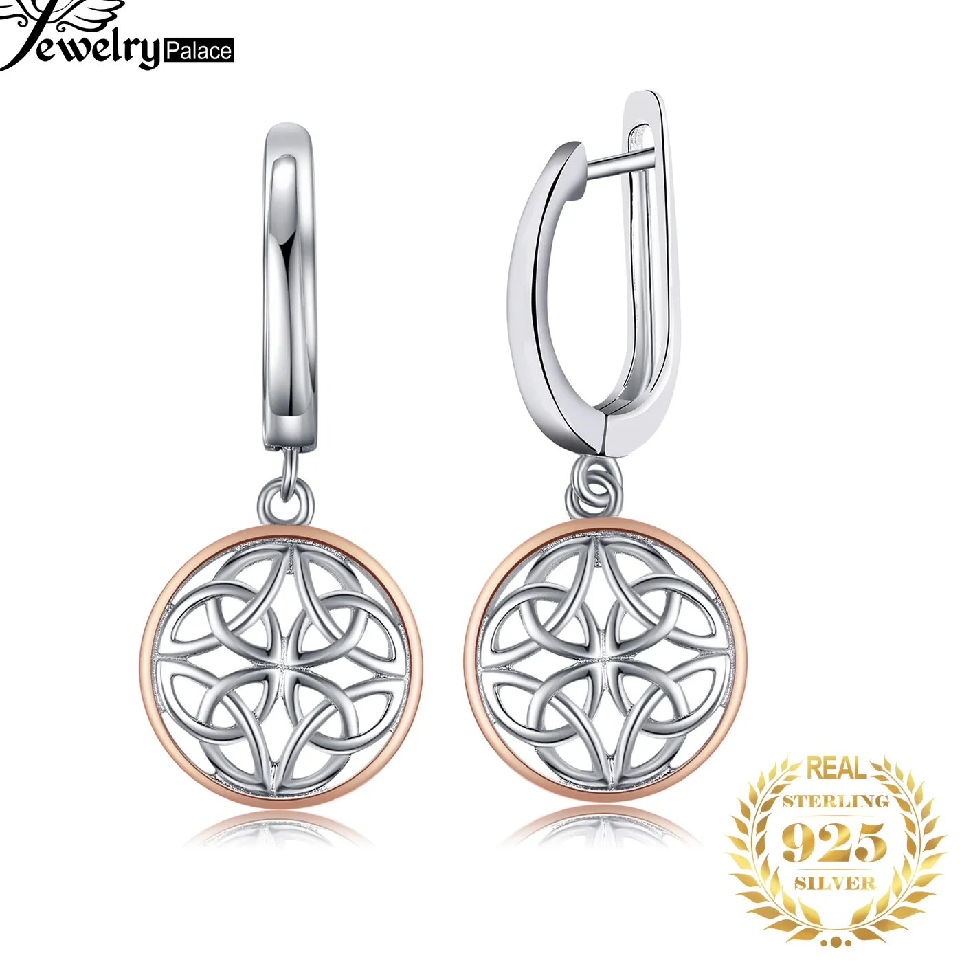 Authentic JewelryPalace Celtic Knot Irish Rose Gold 925 Sterling Silver Hoop Drop Earrings for Women Circle Huggies Earrings