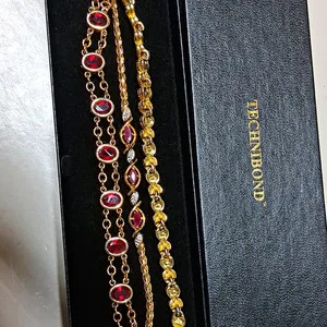 Authentic TECHNIBOND Yellow Gold Plated Red Crystal Tennis Bracelet Cable Chain Lobster