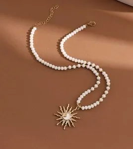 Authentic Boho White Crystal Beads Choker Gold-plated Starburst Pendant Necklace