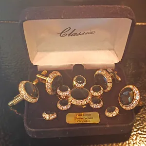 Authentic Classic Gold Plated Cufflinks w/ Round Black Onyx Crystal Stone, Gold/Black