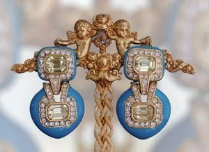 Authentic CINER 18K Antique Gold Plated, Enamel, Crystal Earrings
